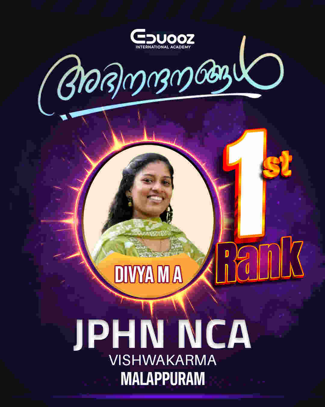 Divya M A - JPHN NCA Rank 1, Malappuram